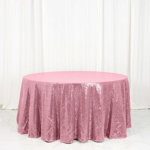 Sequin & Shimmer |  120″ Pink Seamless Premium Sequin Round Tablecloth for 5 Foot Table With Floor-Length Drop