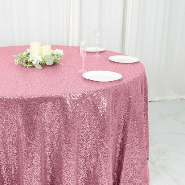 Sequin & Shimmer |  120″ Pink Seamless Premium Sequin Round Tablecloth for 5 Foot Table With Floor-Length Drop