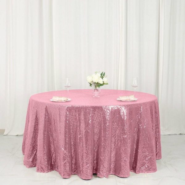 Sequin & Shimmer |  120″ Pink Seamless Premium Sequin Round Tablecloth for 5 Foot Table With Floor-Length Drop