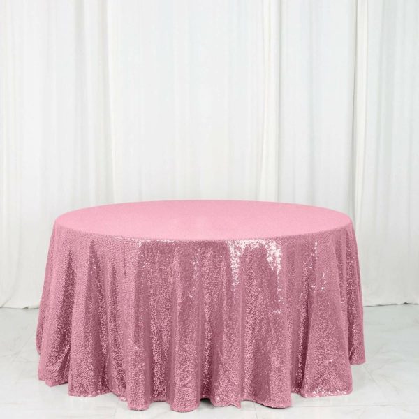 Sequin & Shimmer |  120″ Pink Seamless Premium Sequin Round Tablecloth for 5 Foot Table With Floor-Length Drop