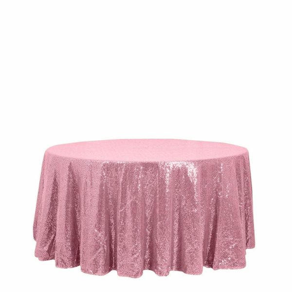 Sequin & Shimmer |  120″ Pink Seamless Premium Sequin Round Tablecloth for 5 Foot Table With Floor-Length Drop