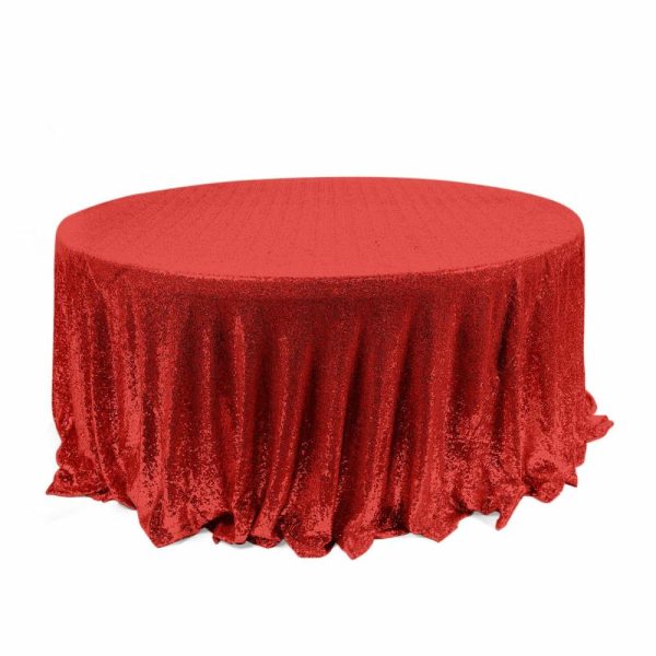 Sequin & Shimmer |  120″ Red Seamless Premium Sequin Round Tablecloth for 5 Foot Table With Floor-Length Drop