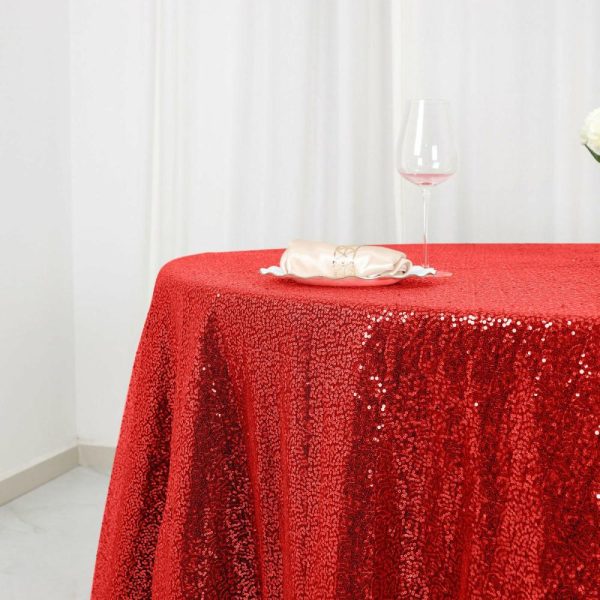 Sequin & Shimmer |  120″ Red Seamless Premium Sequin Round Tablecloth for 5 Foot Table With Floor-Length Drop