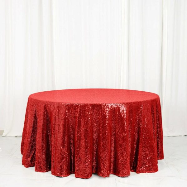 Sequin & Shimmer |  120″ Red Seamless Premium Sequin Round Tablecloth for 5 Foot Table With Floor-Length Drop