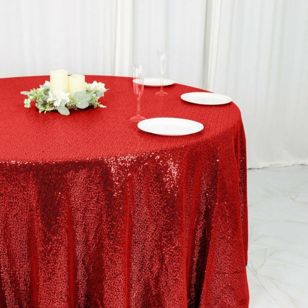 Sequin & Shimmer |  120″ Red Seamless Premium Sequin Round Tablecloth for 5 Foot Table With Floor-Length Drop