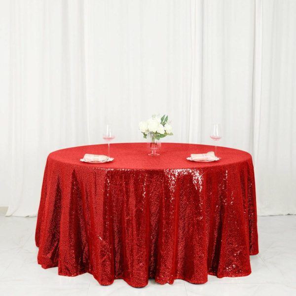 Sequin & Shimmer |  120″ Red Seamless Premium Sequin Round Tablecloth for 5 Foot Table With Floor-Length Drop