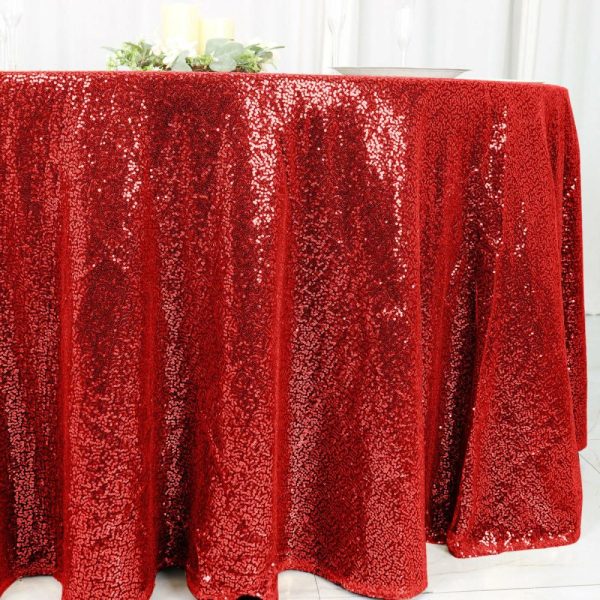 Sequin & Shimmer |  120″ Red Seamless Premium Sequin Round Tablecloth for 5 Foot Table With Floor-Length Drop