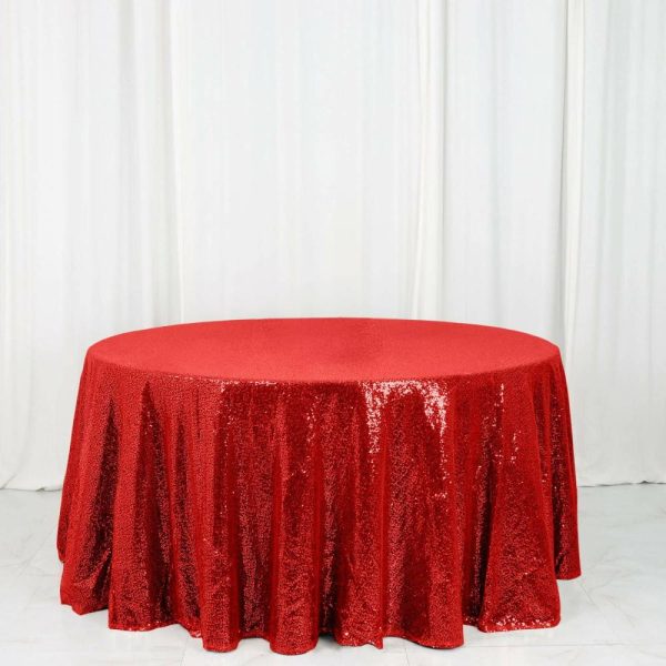 Sequin & Shimmer |  120″ Red Seamless Premium Sequin Round Tablecloth for 5 Foot Table With Floor-Length Drop