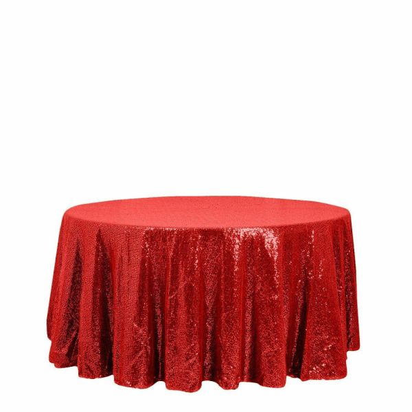 Sequin & Shimmer |  120″ Red Seamless Premium Sequin Round Tablecloth for 5 Foot Table With Floor-Length Drop