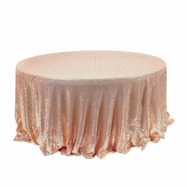 Sequin & Shimmer |  120″ Rose Gold Seamless Premium Sequin Round Tablecloth for 5 Foot Table With Floor-Length Drop