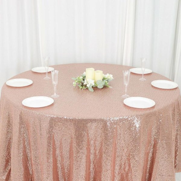 Sequin & Shimmer |  120″ Rose Gold Seamless Premium Sequin Round Tablecloth for 5 Foot Table With Floor-Length Drop