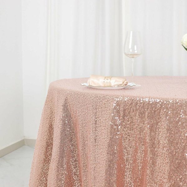 Sequin & Shimmer |  120″ Rose Gold Seamless Premium Sequin Round Tablecloth for 5 Foot Table With Floor-Length Drop