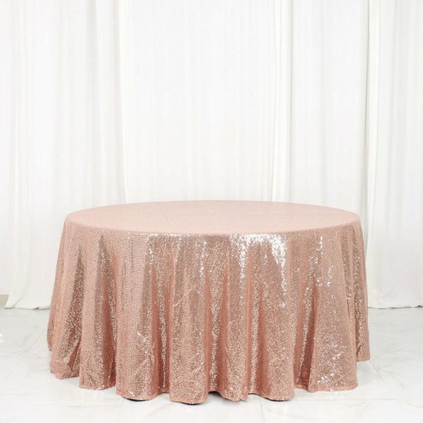 Sequin & Shimmer |  120″ Rose Gold Seamless Premium Sequin Round Tablecloth for 5 Foot Table With Floor-Length Drop