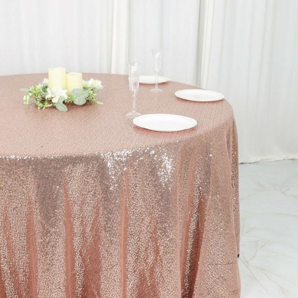 Sequin & Shimmer |  120″ Rose Gold Seamless Premium Sequin Round Tablecloth for 5 Foot Table With Floor-Length Drop