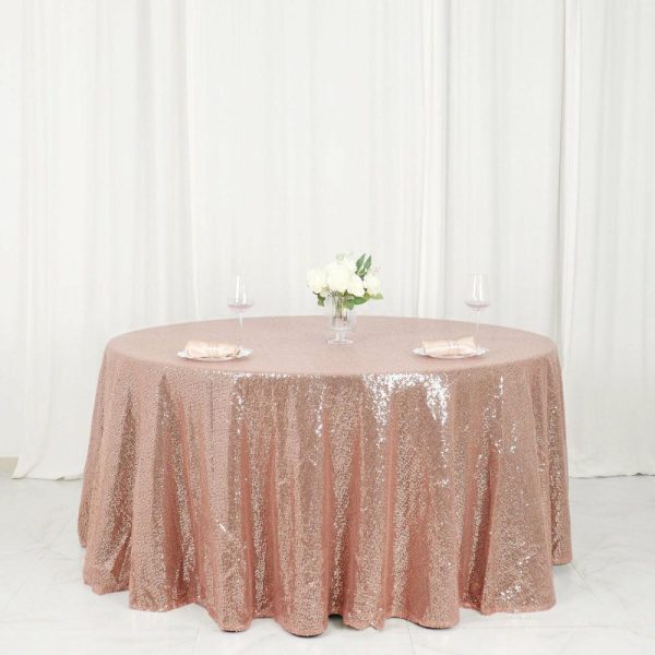 Sequin & Shimmer |  120″ Rose Gold Seamless Premium Sequin Round Tablecloth for 5 Foot Table With Floor-Length Drop