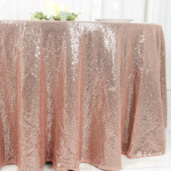 Sequin & Shimmer |  120″ Rose Gold Seamless Premium Sequin Round Tablecloth for 5 Foot Table With Floor-Length Drop