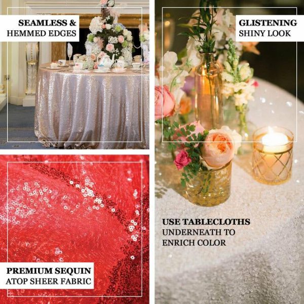 Sequin & Shimmer |  120″ Rose Gold Seamless Premium Sequin Round Tablecloth for 5 Foot Table With Floor-Length Drop