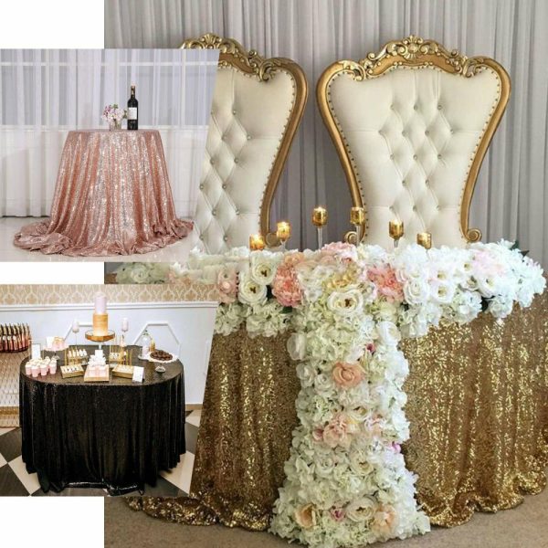 Sequin & Shimmer |  120″ Rose Gold Seamless Premium Sequin Round Tablecloth for 5 Foot Table With Floor-Length Drop