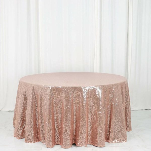 Sequin & Shimmer |  120″ Rose Gold Seamless Premium Sequin Round Tablecloth for 5 Foot Table With Floor-Length Drop