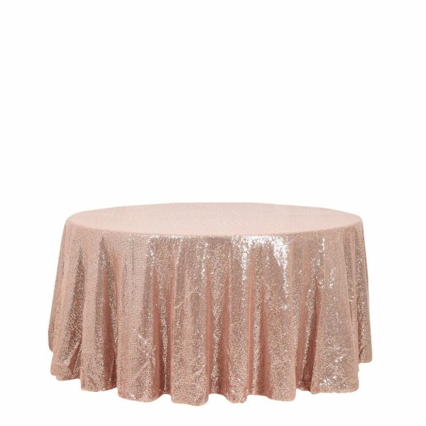 Sequin & Shimmer |  120″ Rose Gold Seamless Premium Sequin Round Tablecloth for 5 Foot Table With Floor-Length Drop