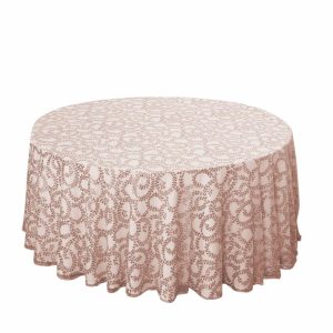 Sequin & Shimmer |  120″ Rose Gold Sequin Leaf Embroidered Seamless Tulle Round Tablecloth, Sheer Table Overlay for 5 Foot Table With Floor-Length Drop