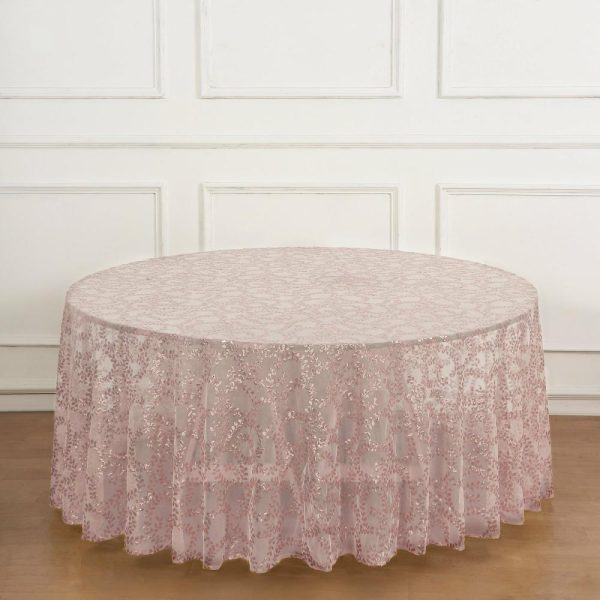 Sequin & Shimmer |  120″ Rose Gold Sequin Leaf Embroidered Seamless Tulle Round Tablecloth, Sheer Table Overlay for 5 Foot Table With Floor-Length Drop