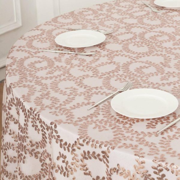 Sequin & Shimmer |  120″ Rose Gold Sequin Leaf Embroidered Seamless Tulle Round Tablecloth, Sheer Table Overlay for 5 Foot Table With Floor-Length Drop