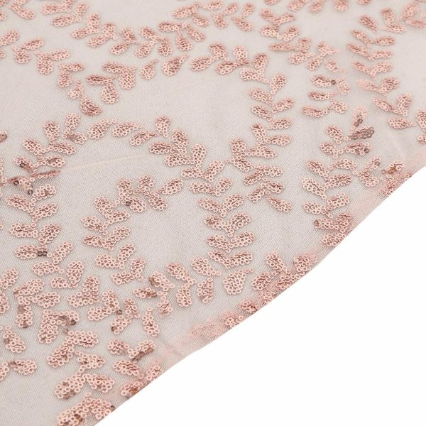 Sequin & Shimmer |  120″ Rose Gold Sequin Leaf Embroidered Seamless Tulle Round Tablecloth, Sheer Table Overlay for 5 Foot Table With Floor-Length Drop