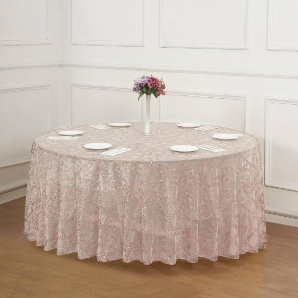 Sequin & Shimmer |  120″ Rose Gold Sequin Leaf Embroidered Seamless Tulle Round Tablecloth, Sheer Table Overlay for 5 Foot Table With Floor-Length Drop