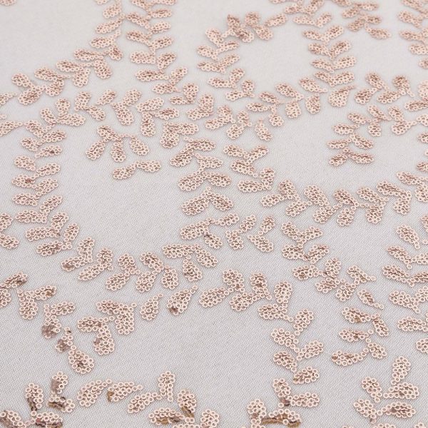 Sequin & Shimmer |  120″ Rose Gold Sequin Leaf Embroidered Seamless Tulle Round Tablecloth, Sheer Table Overlay for 5 Foot Table With Floor-Length Drop