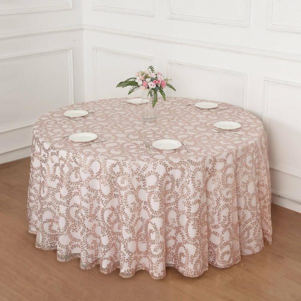 Sequin & Shimmer |  120″ Rose Gold Sequin Leaf Embroidered Seamless Tulle Round Tablecloth, Sheer Table Overlay for 5 Foot Table With Floor-Length Drop