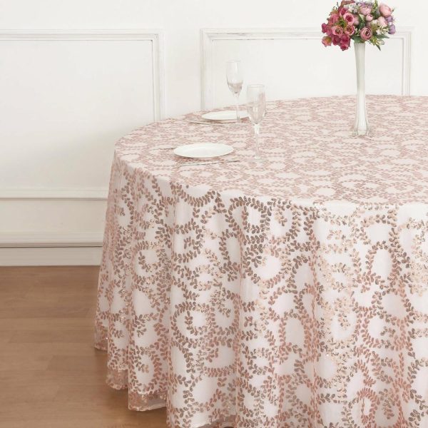 Sequin & Shimmer |  120″ Rose Gold Sequin Leaf Embroidered Seamless Tulle Round Tablecloth, Sheer Table Overlay for 5 Foot Table With Floor-Length Drop