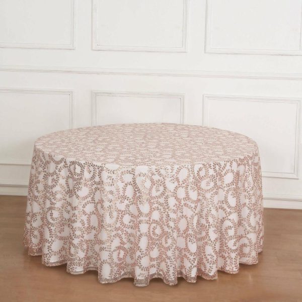 Sequin & Shimmer |  120″ Rose Gold Sequin Leaf Embroidered Seamless Tulle Round Tablecloth, Sheer Table Overlay for 5 Foot Table With Floor-Length Drop