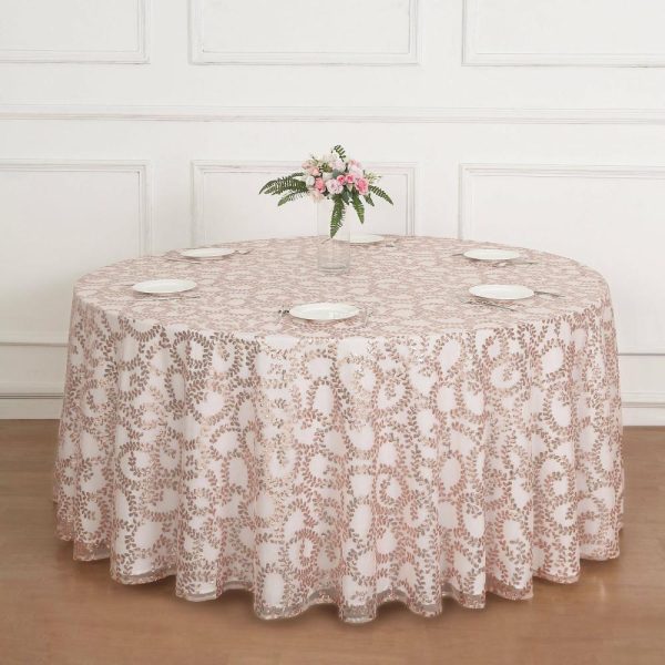 Sequin & Shimmer |  120″ Rose Gold Sequin Leaf Embroidered Seamless Tulle Round Tablecloth, Sheer Table Overlay for 5 Foot Table With Floor-Length Drop