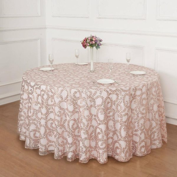 Sequin & Shimmer |  120″ Rose Gold Sequin Leaf Embroidered Seamless Tulle Round Tablecloth, Sheer Table Overlay for 5 Foot Table With Floor-Length Drop