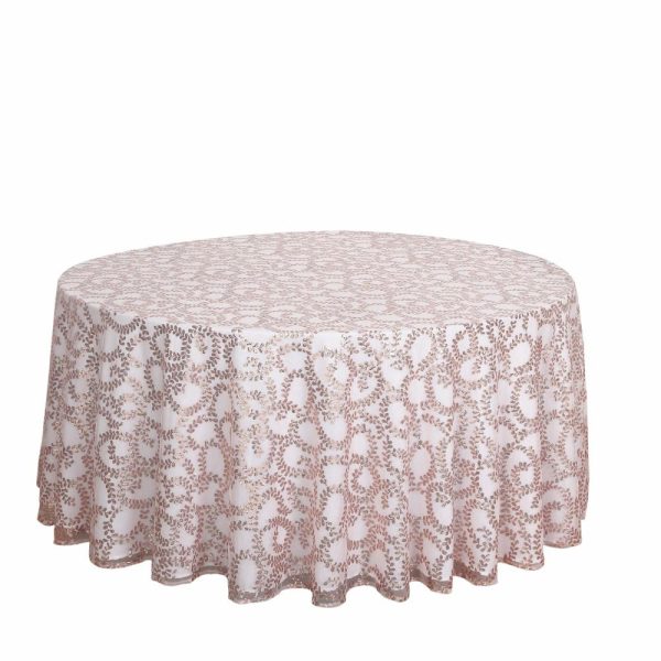 Sequin & Shimmer |  120″ Rose Gold Sequin Leaf Embroidered Seamless Tulle Round Tablecloth, Sheer Table Overlay for 5 Foot Table With Floor-Length Drop