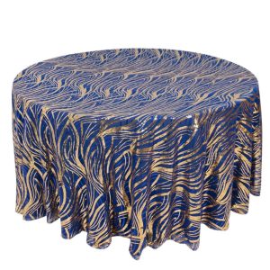 Sequin & Shimmer |  120″ Royal Blue Gold Wave Mesh Round Tablecloth With Embroidered Sequins for 5 Foot Table With Floor-Length Drop