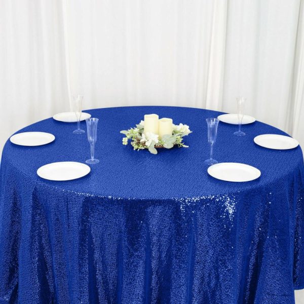 Sequin & Shimmer |  120″ Royal Blue Seamless Premium Sequin Round Tablecloth for 5 Foot Table With Floor-Length Drop