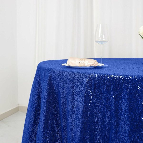 Sequin & Shimmer |  120″ Royal Blue Seamless Premium Sequin Round Tablecloth for 5 Foot Table With Floor-Length Drop