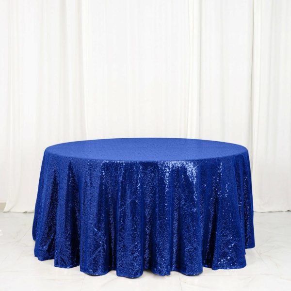 Sequin & Shimmer |  120″ Royal Blue Seamless Premium Sequin Round Tablecloth for 5 Foot Table With Floor-Length Drop