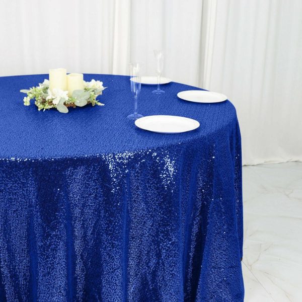 Sequin & Shimmer |  120″ Royal Blue Seamless Premium Sequin Round Tablecloth for 5 Foot Table With Floor-Length Drop