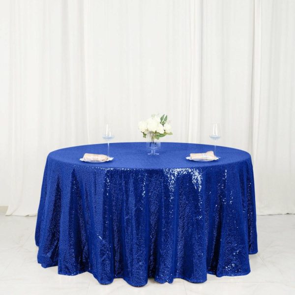 Sequin & Shimmer |  120″ Royal Blue Seamless Premium Sequin Round Tablecloth for 5 Foot Table With Floor-Length Drop