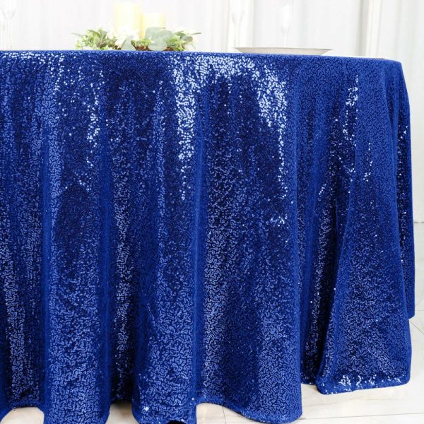 Sequin & Shimmer |  120″ Royal Blue Seamless Premium Sequin Round Tablecloth for 5 Foot Table With Floor-Length Drop