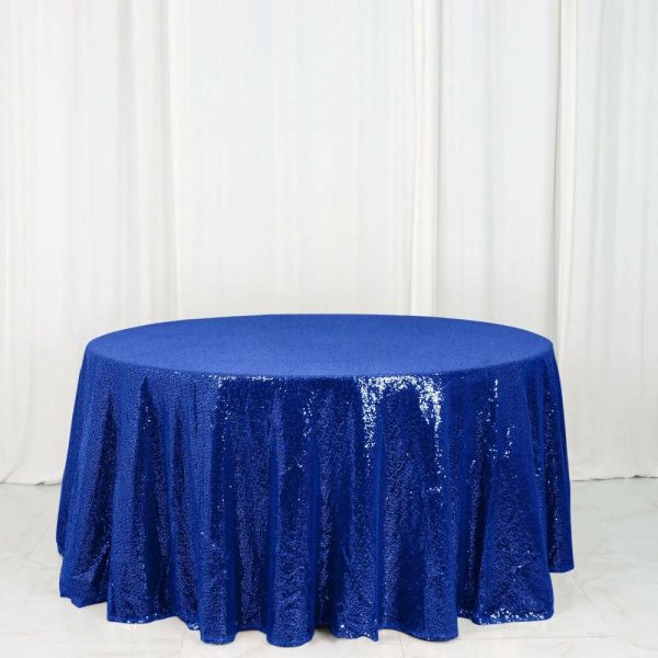 Sequin & Shimmer |  120″ Royal Blue Seamless Premium Sequin Round Tablecloth for 5 Foot Table With Floor-Length Drop