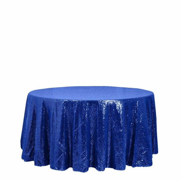 Sequin & Shimmer |  120″ Royal Blue Seamless Premium Sequin Round Tablecloth for 5 Foot Table With Floor-Length Drop