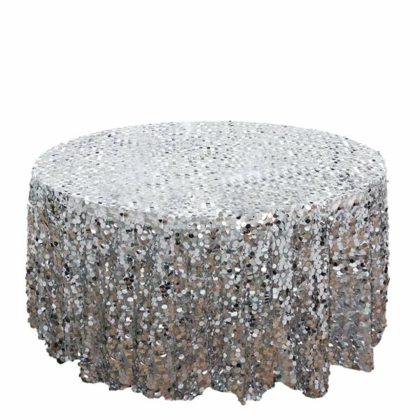 Sequin & Shimmer |  120″ Silver Seamless Big Payette Sequin Round Tablecloth Premium Collection for 5 Foot Table With Floor-Length Drop