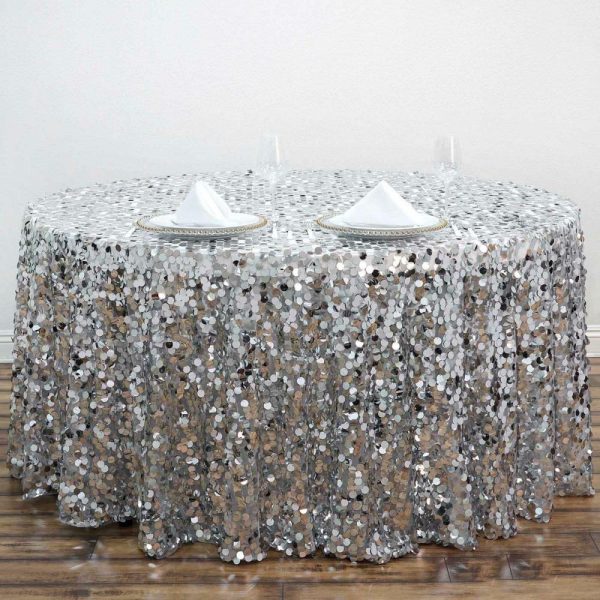 Sequin & Shimmer |  120″ Silver Seamless Big Payette Sequin Round Tablecloth Premium Collection for 5 Foot Table With Floor-Length Drop