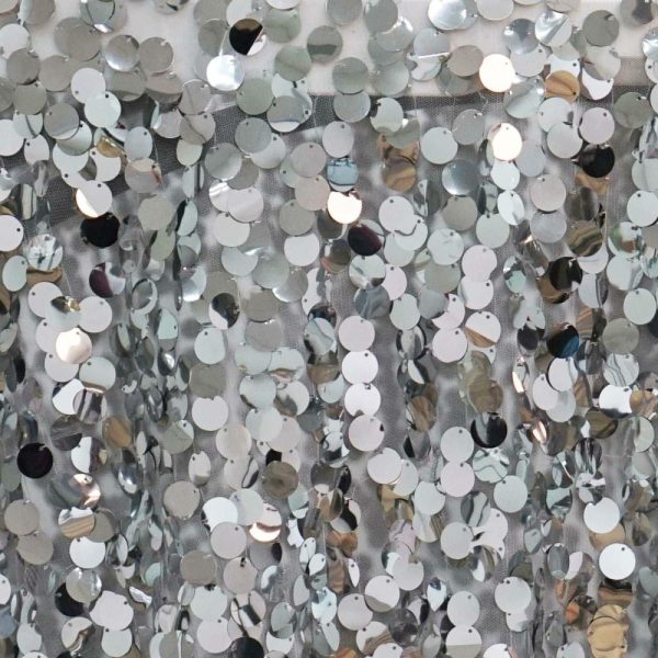 Sequin & Shimmer |  120″ Silver Seamless Big Payette Sequin Round Tablecloth Premium Collection for 5 Foot Table With Floor-Length Drop