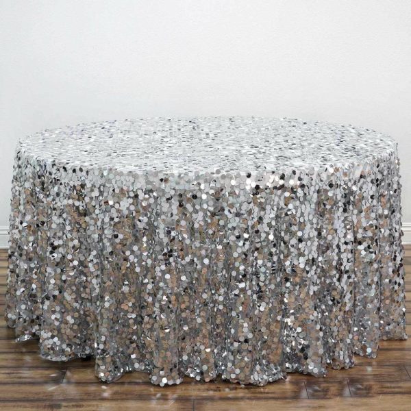 Sequin & Shimmer |  120″ Silver Seamless Big Payette Sequin Round Tablecloth Premium Collection for 5 Foot Table With Floor-Length Drop