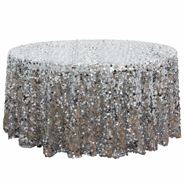 Sequin & Shimmer |  120″ Silver Seamless Big Payette Sequin Round Tablecloth Premium Collection for 5 Foot Table With Floor-Length Drop